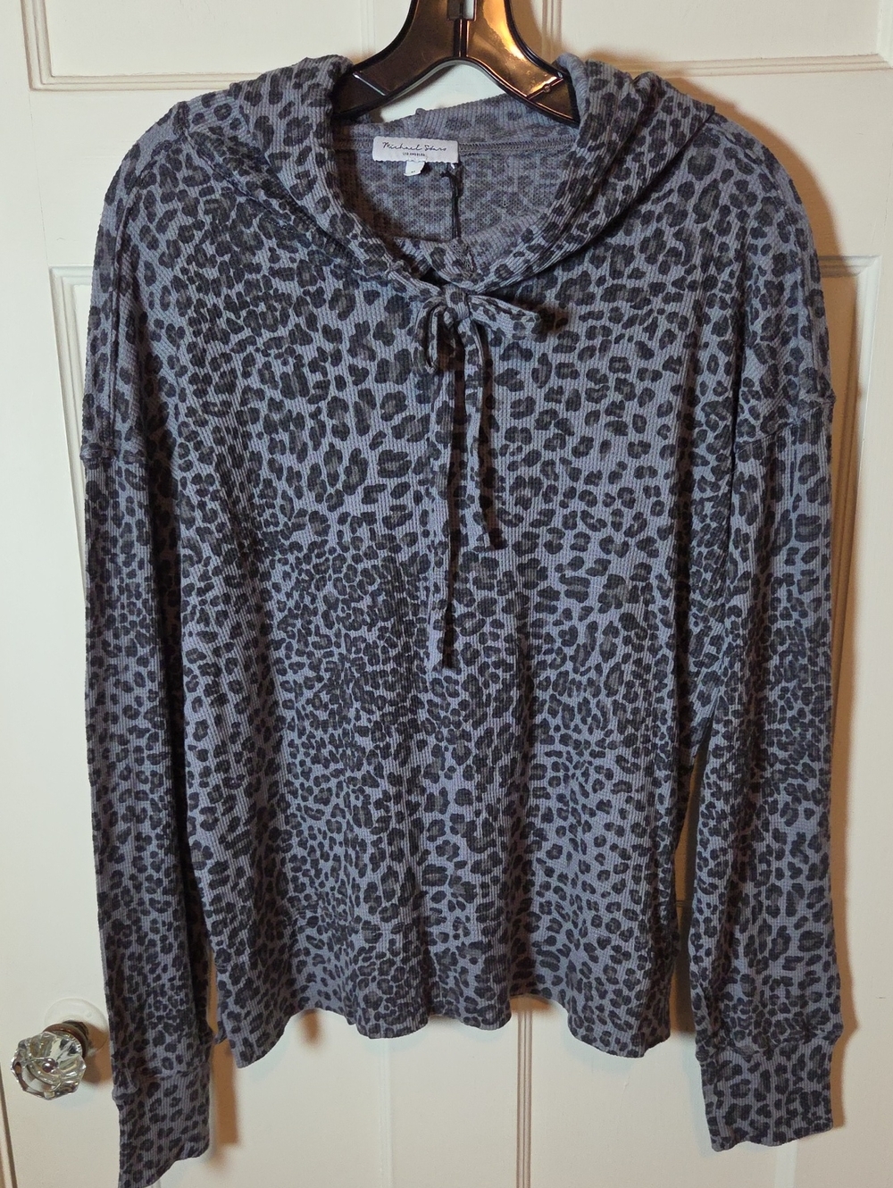 Michael Stars Kylo Gray Leopard-Print Hooded Tie-Neck Waffle Knit Sweatshirt M